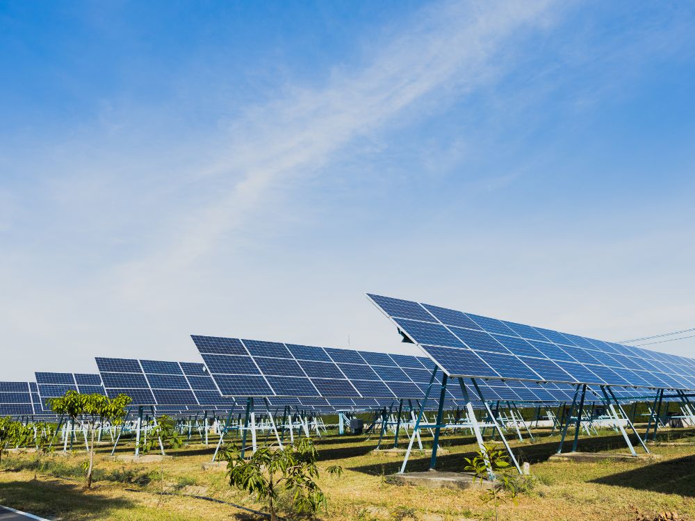 Planta de geração com painéis fotovoltaicos em estrutura no solo, representando a produção em larga escala integrada ao sistema solar híbrido.